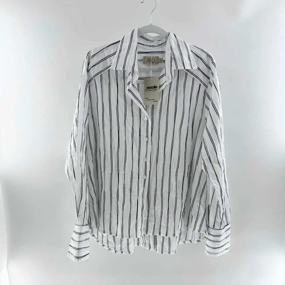JBQ Cotton Blend Striped Long Sleeve Button Down Shirt White Black Womens XL